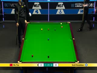 斯诺克威尔士公开赛64进32 吴宜泽4-3斯科特·唐纳森  20250211